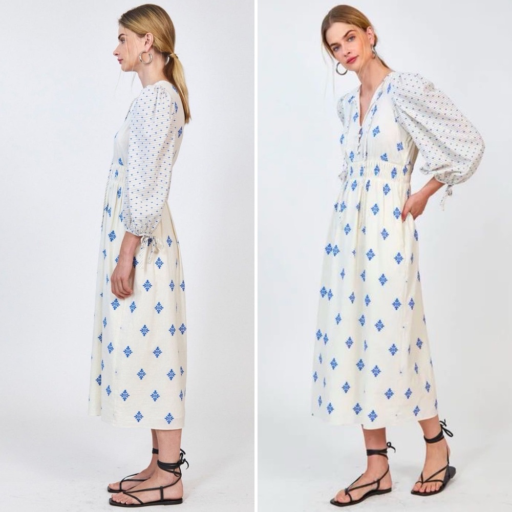 HUNTER BELL Cream Midi Dress with Blue Print